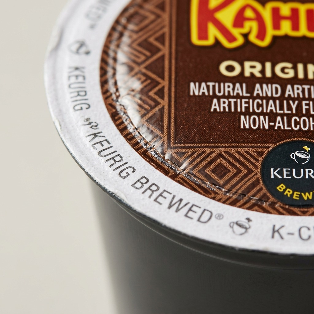 Extreme macro detail of a Kahlúa Original Coffee K-Cup Pod foil seal and printed logo texture.