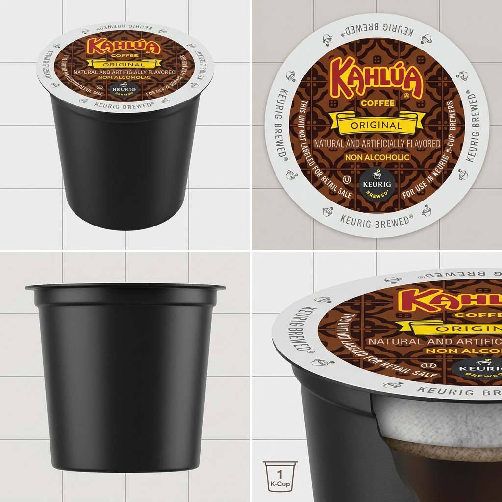 Matrix of Kahlúa Original Coffee K-Cup Pods showing top, side, and angle views of the black pod.