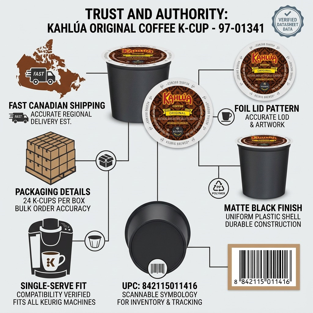 Kahlúa Original Coffee K-Cup infographic showing 24-pack bulk details and Keurig compatibility.