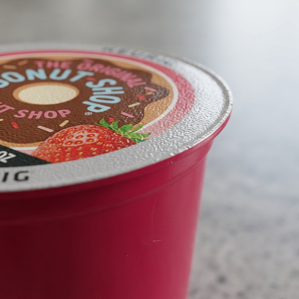 Macro detail of a pink Strawberry Refresher K-Cup showing the textured foil lid and donut graphic.