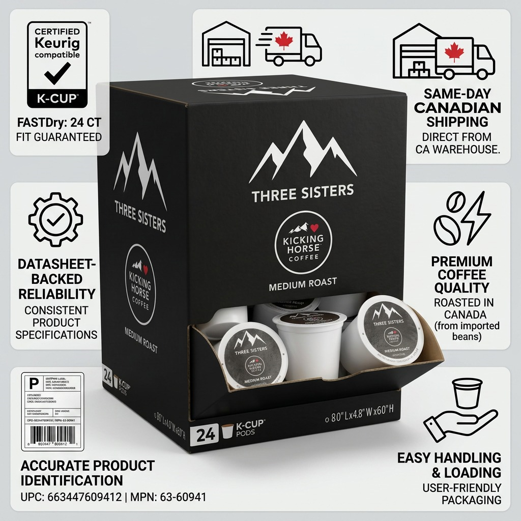 Kicking Horse Coffee Three Sisters 24ct K-Cups infographic with Keurig compatibility and shipping.