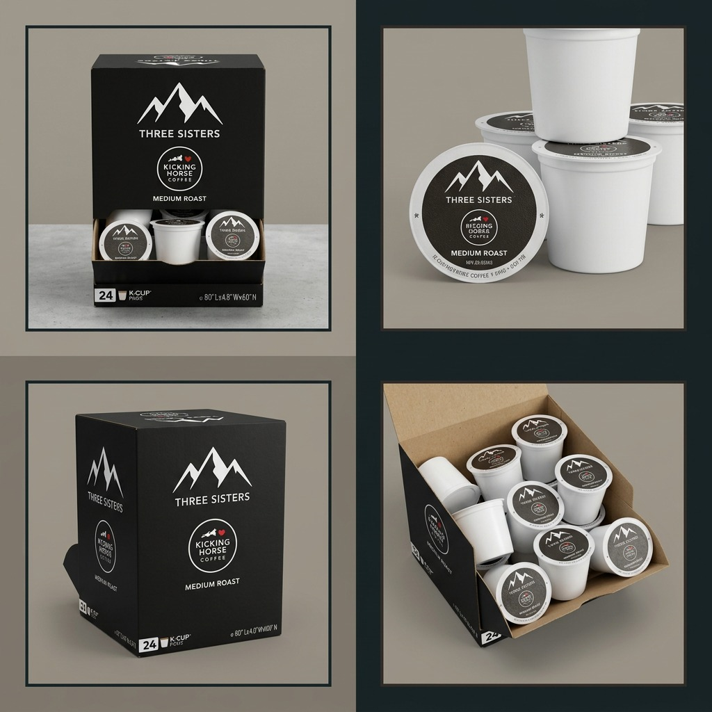 Multiple angles of Kicking Horse Coffee Three Sisters Medium Roast 24-count K-Cup pods and packaging.