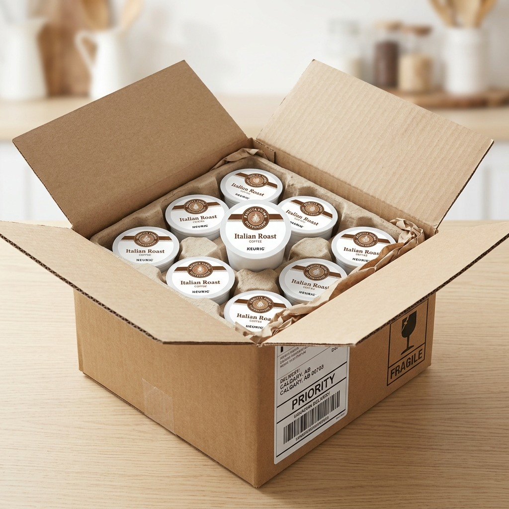 Open shipping box revealing Barista Prima Italian Roast K-Cup pods secured in protective packaging.