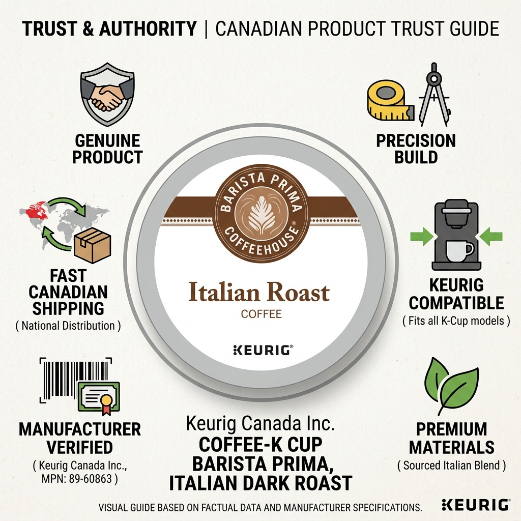 Infographic for Barista Prima Italian Roast K-Cups highlighting Keurig compatibility and shipping.