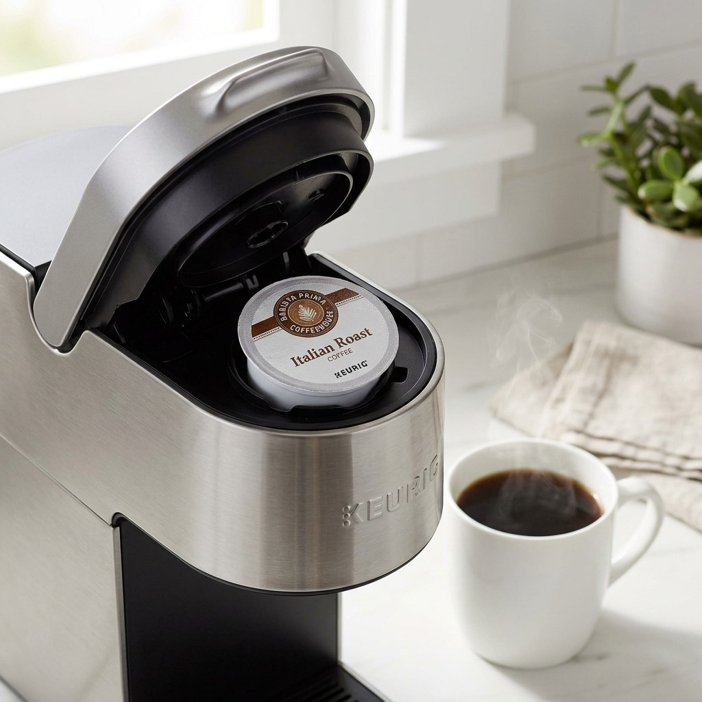 Barista Prima Italian Roast K-Cup pod inside a Keurig coffee maker with a steaming mug nearby.