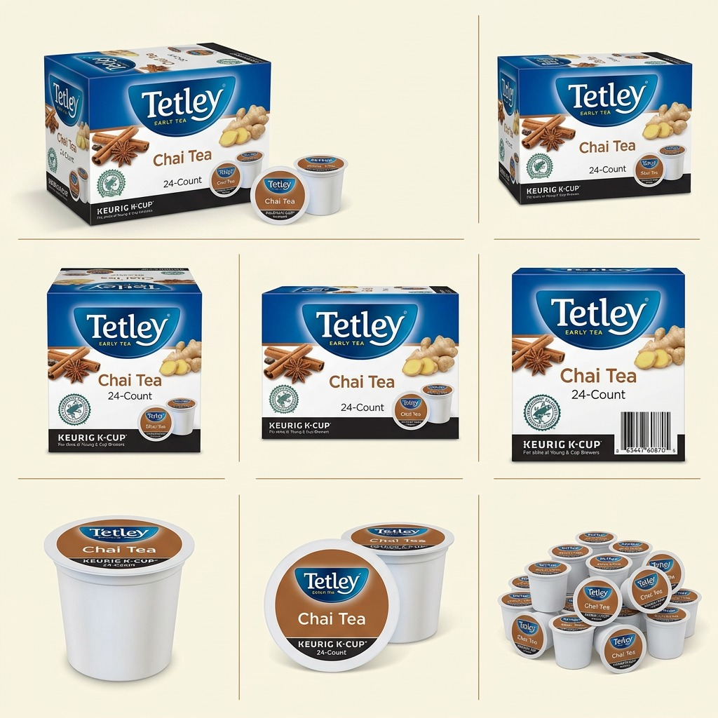 Grid showing Tetley Chai Tea K-Cup 24-count box angles and individual spiced black tea pods.