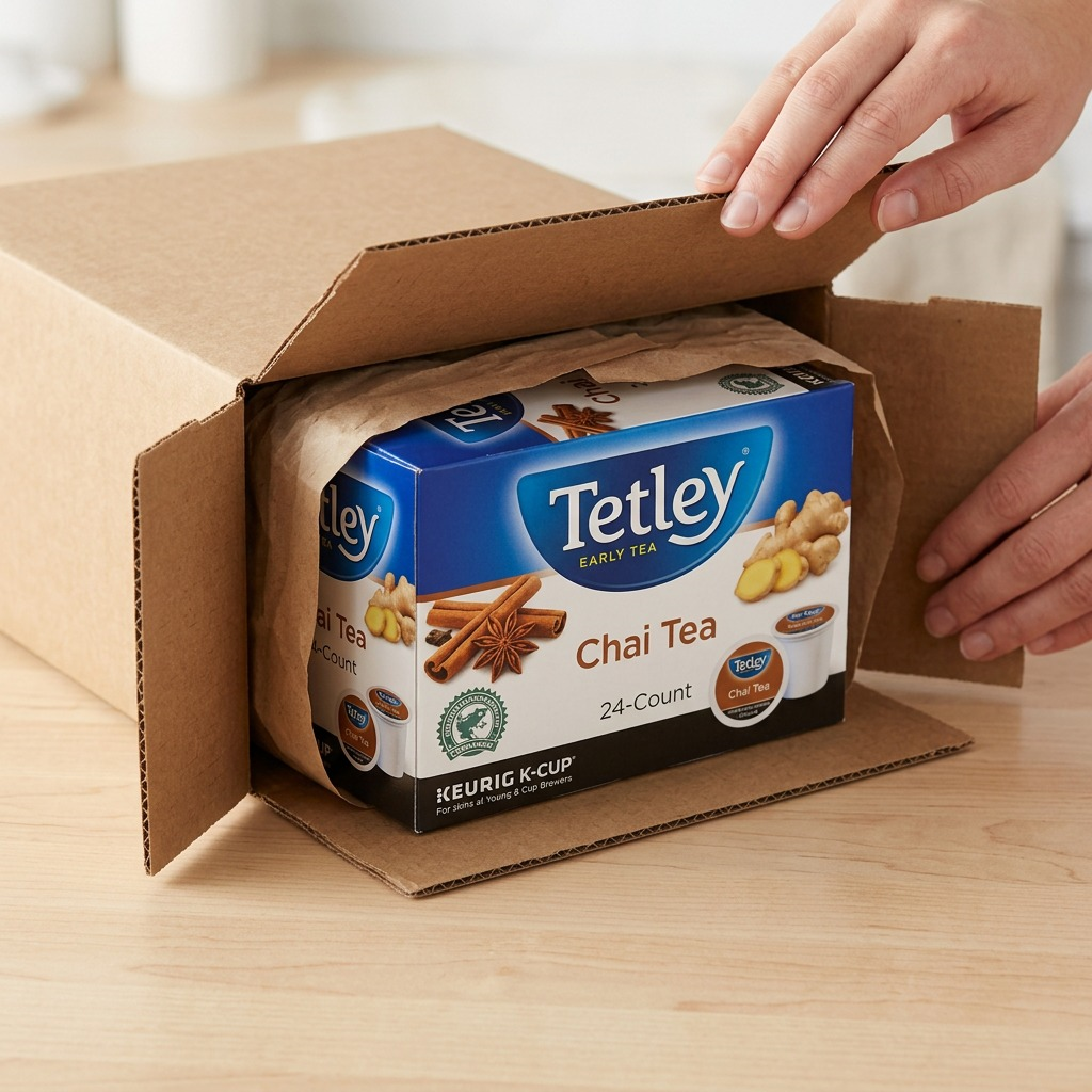 Hands opening a cardboard shipping box containing a 24-count pack of Tetley Chai Tea K-Cup pods.