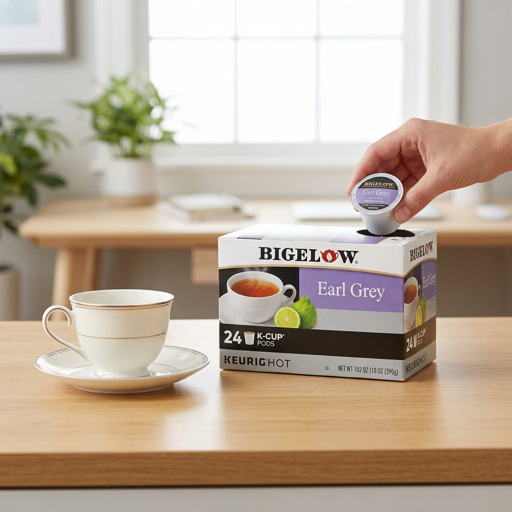 Hand picking a Bigelow Earl Grey K-Cup pod from a 24-count box next to a white teacup for scale.
