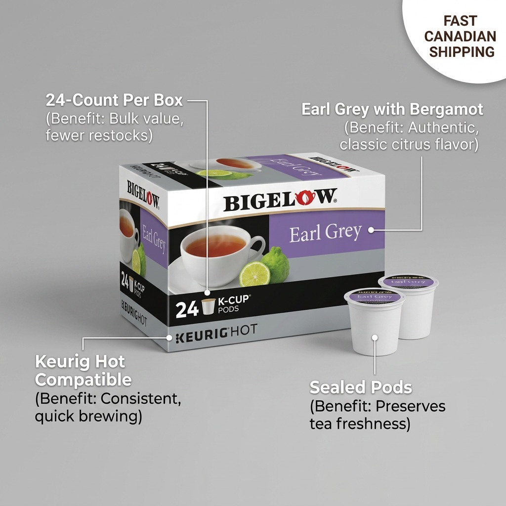Bigelow Earl Grey 24-count K-Cup box with feature labels for Keurig compatibility and sealed pods.