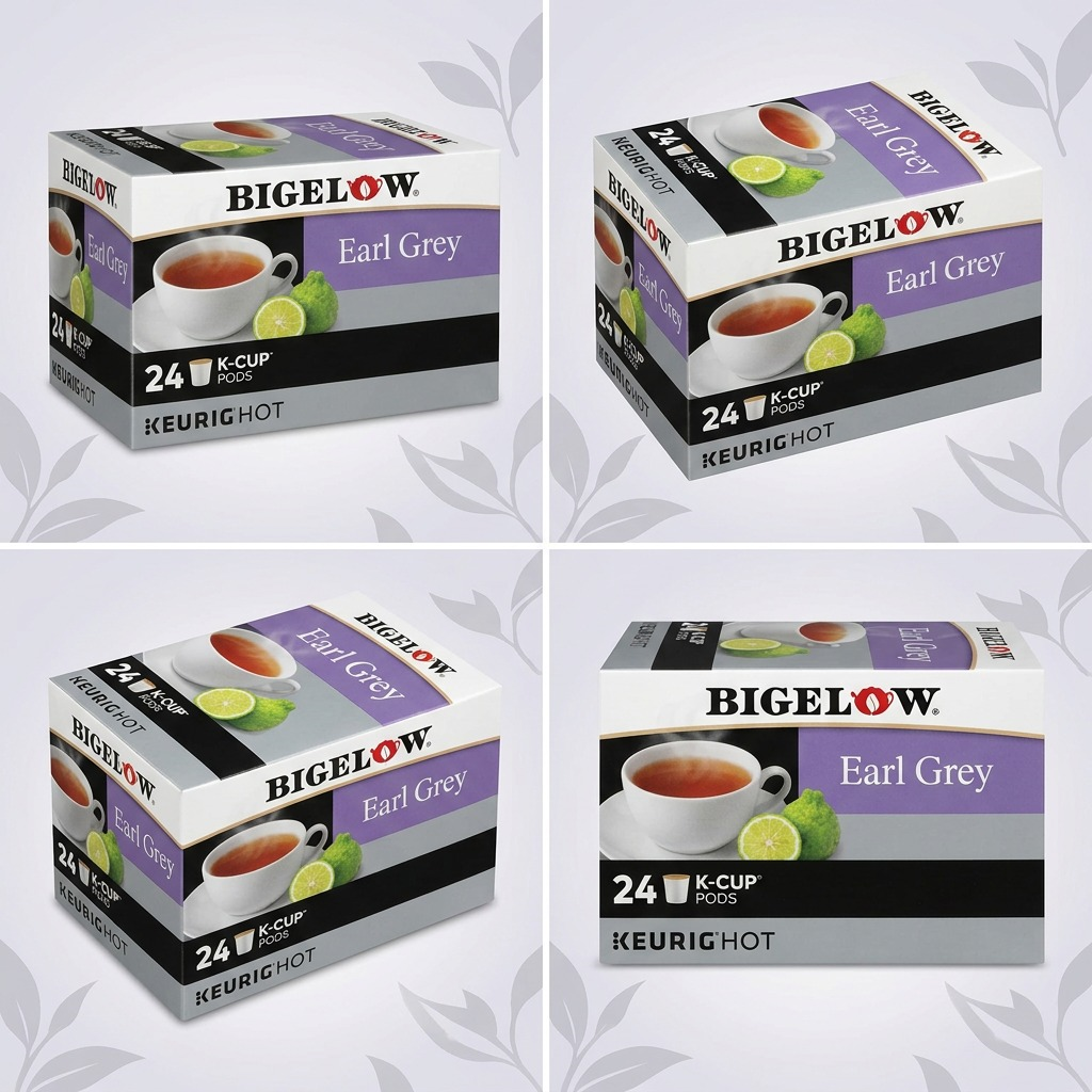 A 2x2 grid showing the Bigelow Earl Grey Tea K-Cup 24-count box from four different angles.