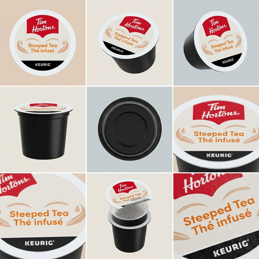 Grid of Tim Hortons Steeped Tea Keurig K-Cup pods from multiple angles including top and side views.