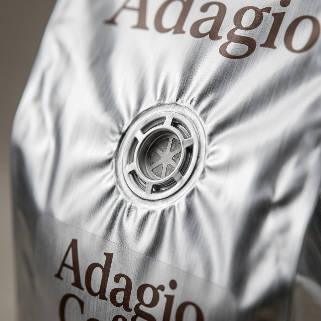 Macro detail of the freshness degassing valve on a silver Adagio Napoli Dark Roast coffee bag.