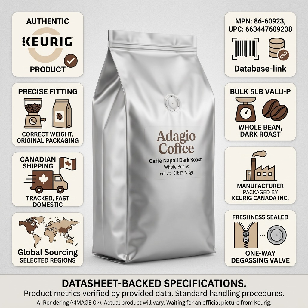 Infographic for Adagio Napoli Dark Roast Whole Bean Coffee 5lb bag, highlighting fast Canadian shipping and Keurig authenticity.