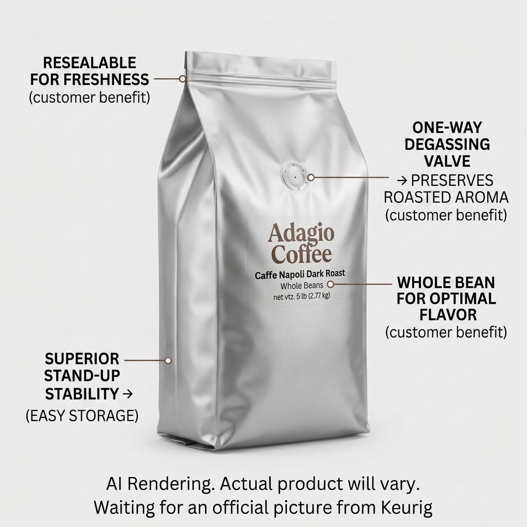 Adagio Napoli Dark Roast 5lb silver coffee bag featuring resealable top and degassing valve.
