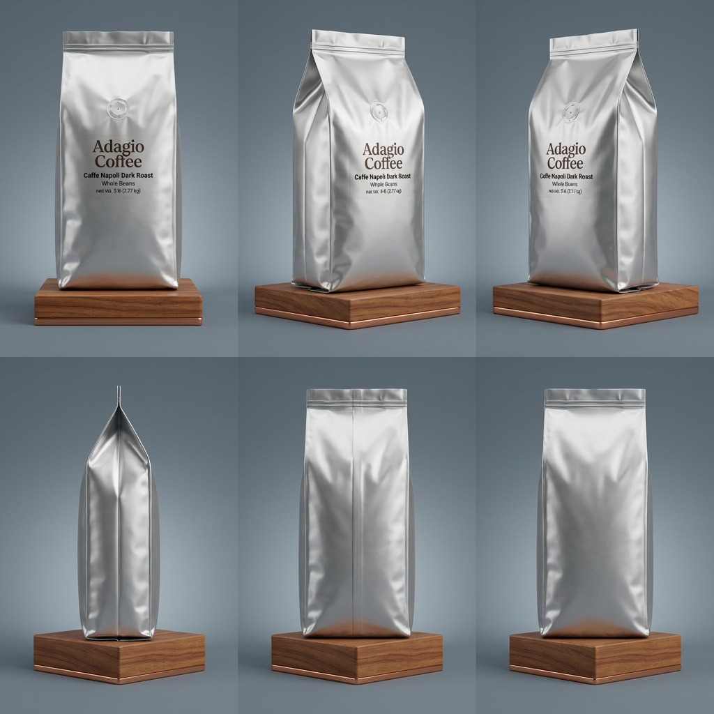 Comparison grid of Adagio Napoli Dark Roast 5lb whole bean coffee bags from six different angles.