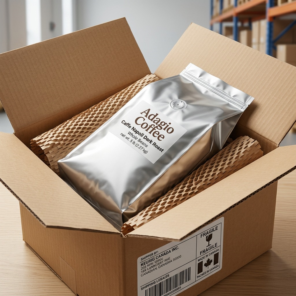 Adagio Napoli Dark Roast 5lb coffee bag securely packed in a shipping box with protective wrap.