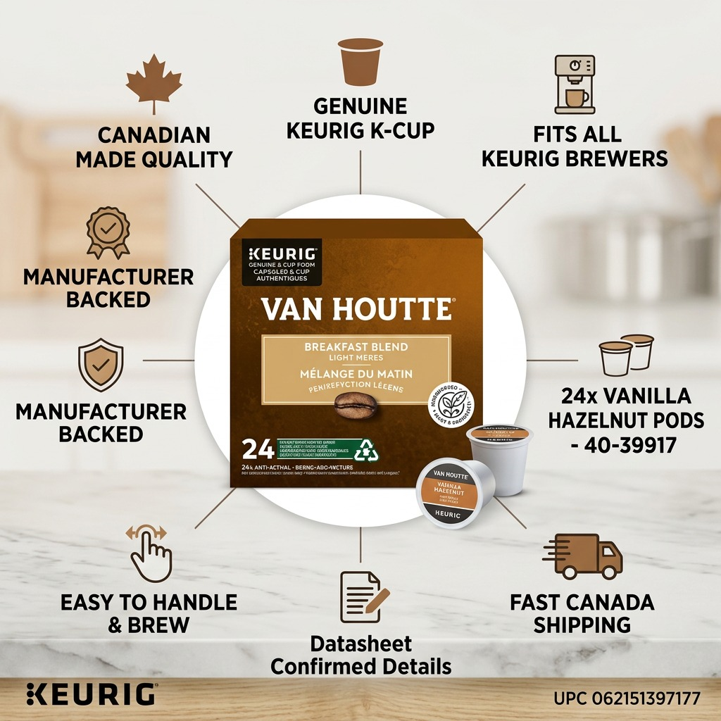 Infographic for Van Houtte Vanilla Hazelnut K-Cups showing Canadian quality and Keurig compatibility.