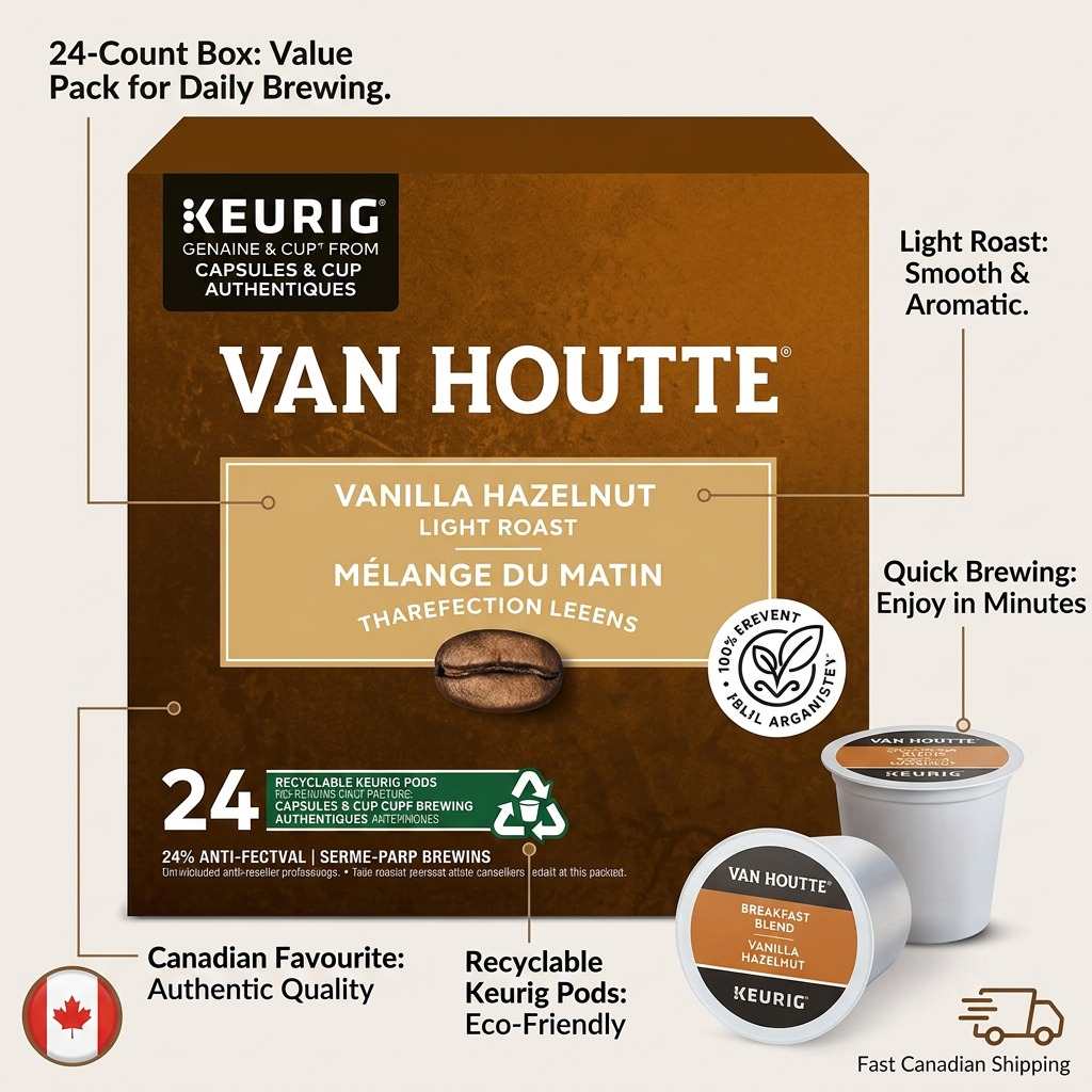 Van Houtte Vanilla Hazelnut 24-count light roast K-Cup pods with features highlighting recyclability.