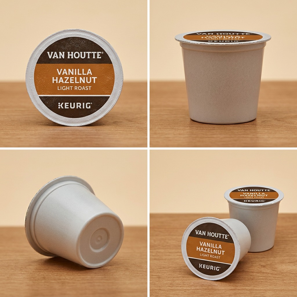 Multiple views of a Van Houtte Vanilla Hazelnut Light Roast K-Cup pod showing the top and sides.