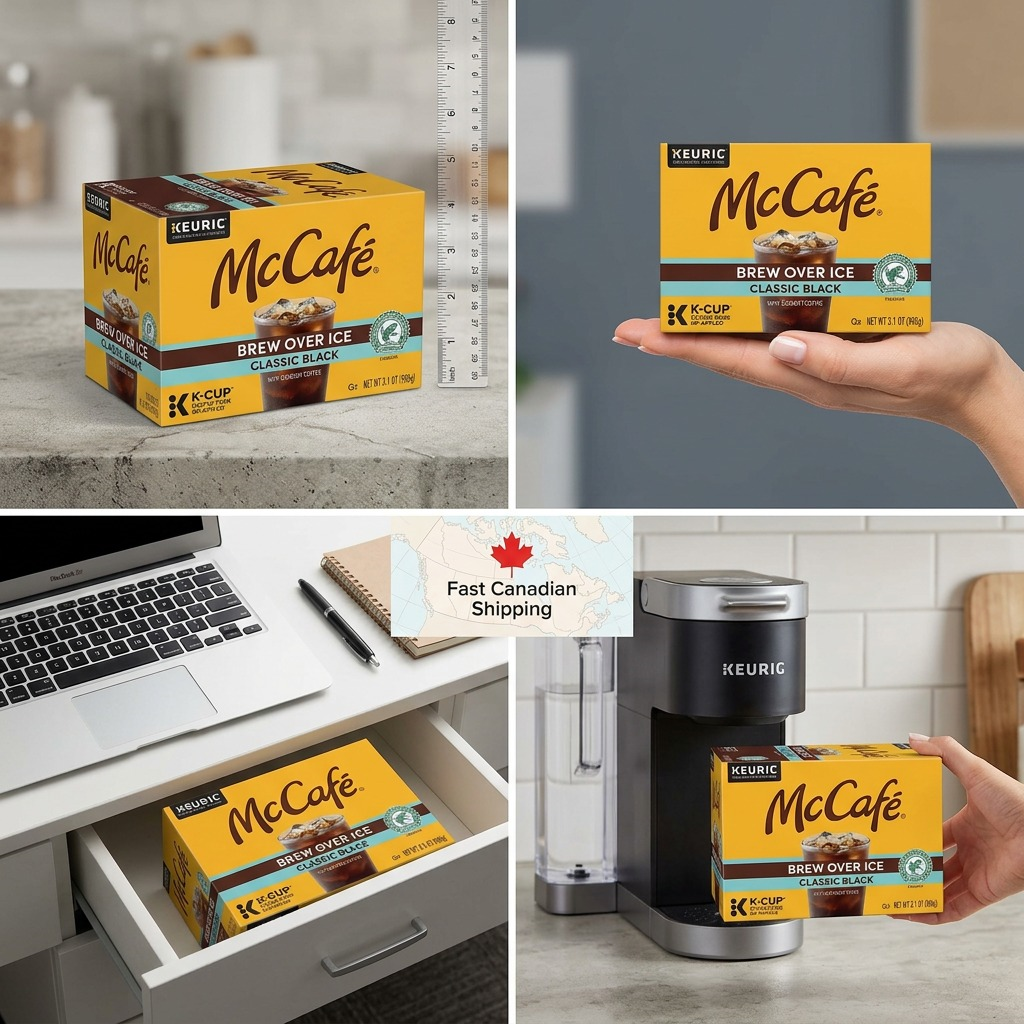 Scale reference showing McCafé 10-count K-Cup box next to a ruler, in a hand, and by a Keurig machine.