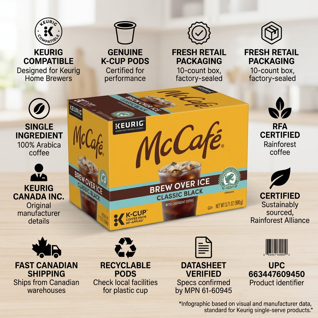 Infographic for McCafé Premium Roast 10-count K-Cups showing Keurig compatibility and RFA certification.