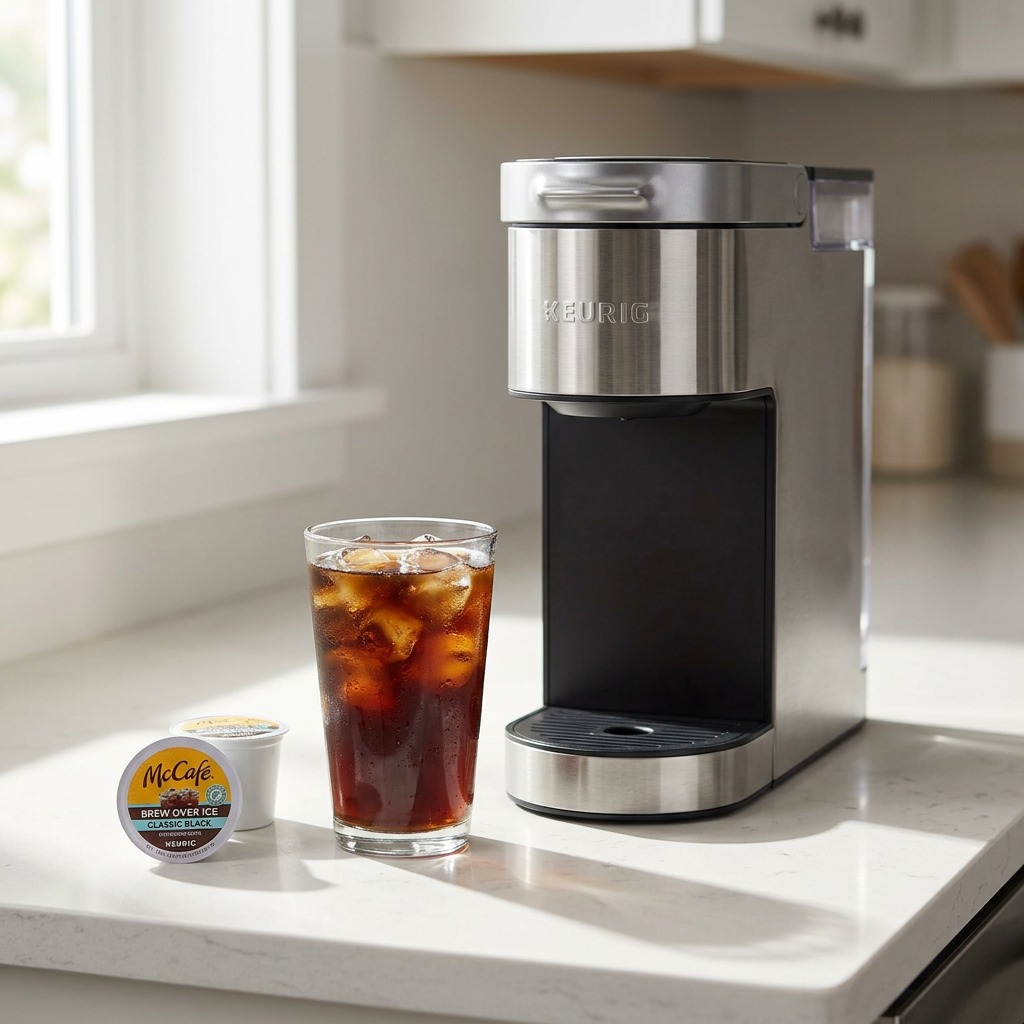 McCafé Premium Roast K-Cup pod and a glass of iced coffee next to a stainless steel Keurig machine.