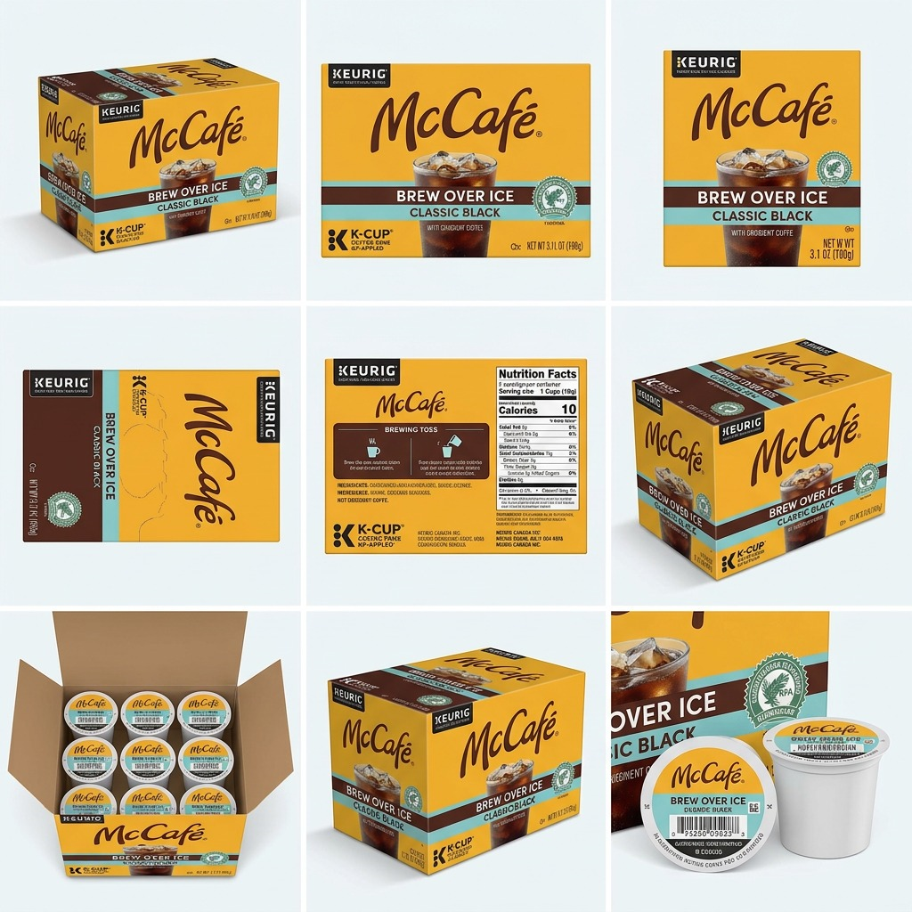 Grid showing McCafé Brew Over Ice K-Cup coffee pods from multiple angles, packaging, and open box.