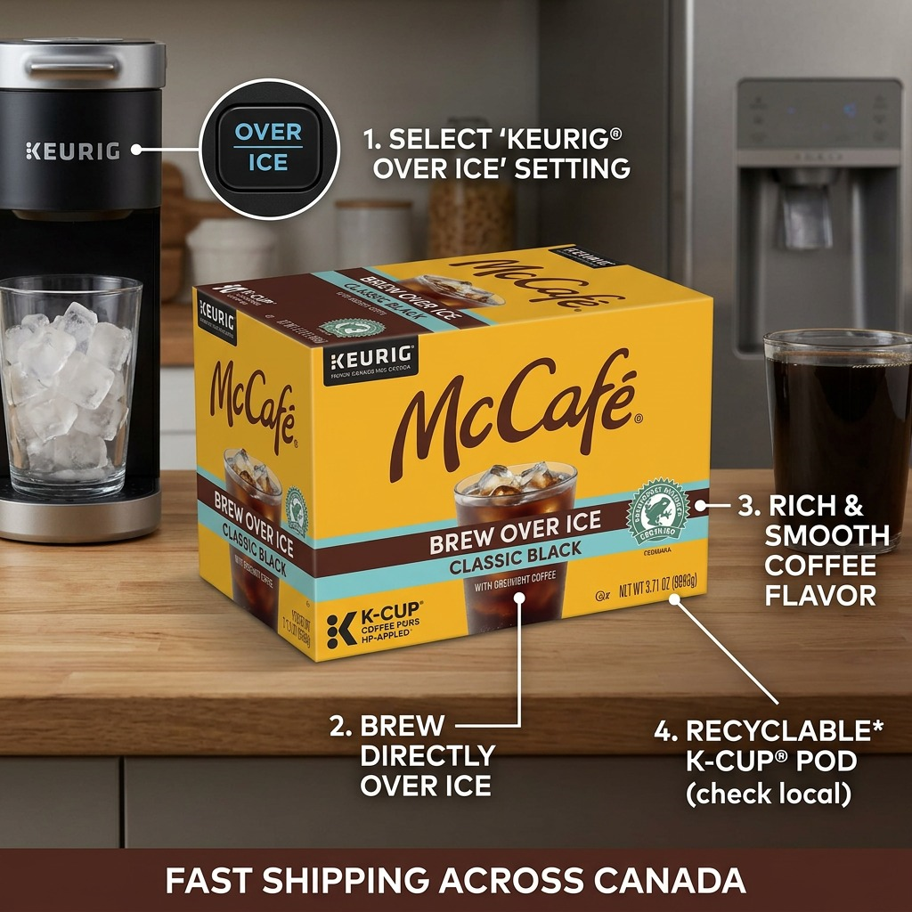 McCafé Brew Over Ice K-Cup Pods 10-pack shown with Keurig brewing steps and feature callouts.
