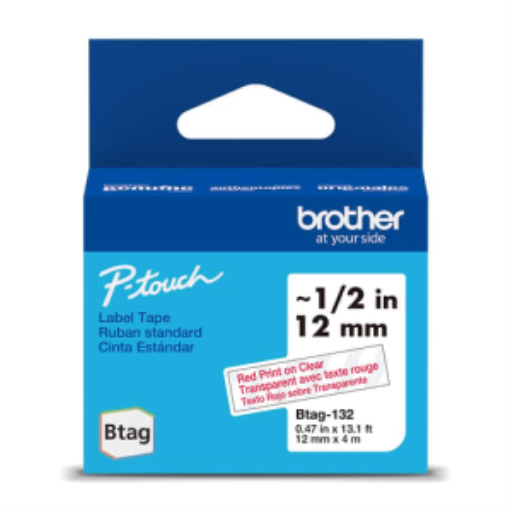 Brother Genuine BTAG132 Non-Laminated Tape for P-touch Label Makers, Red on Clear – 12 mm wide x 4 m long