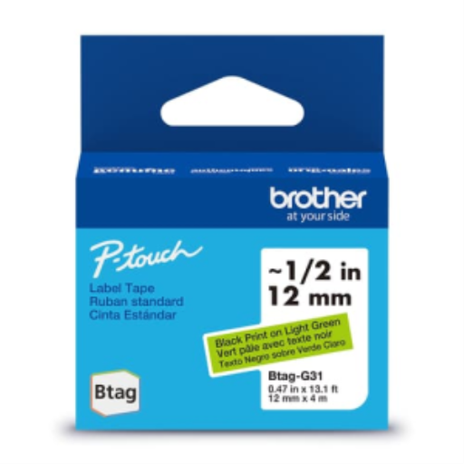 Brother Genuine BTAGG31 Non-Laminated Tape for P-touch Label Makers, Black on Green – 12 mm wide x 4 m long