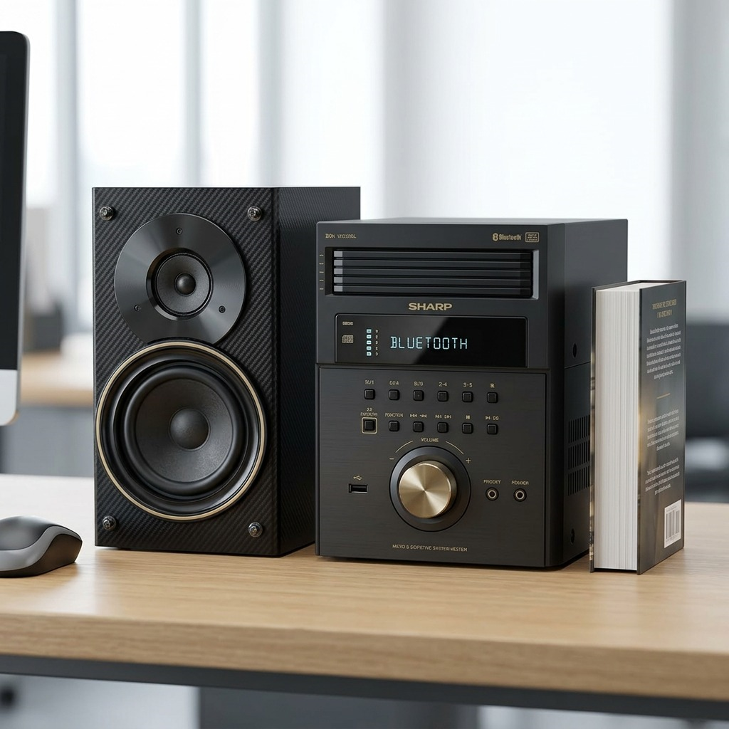 A photo of the black and gold SHARP XL-BH250GL micro shelf system placed next to a realistic stack of three thick hardcover books on a light wooden desk, conveying its compact scale.