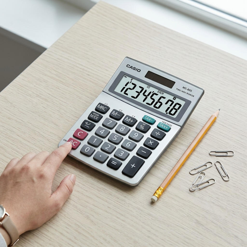 A hand presses a button on a silver Casio MS-80S desktop calculator next to a pencil for scale.