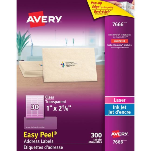 Avery Clear Easy Peel Labels, 2 5/8" x 1", Permanent, 10 Sheets/Envelope