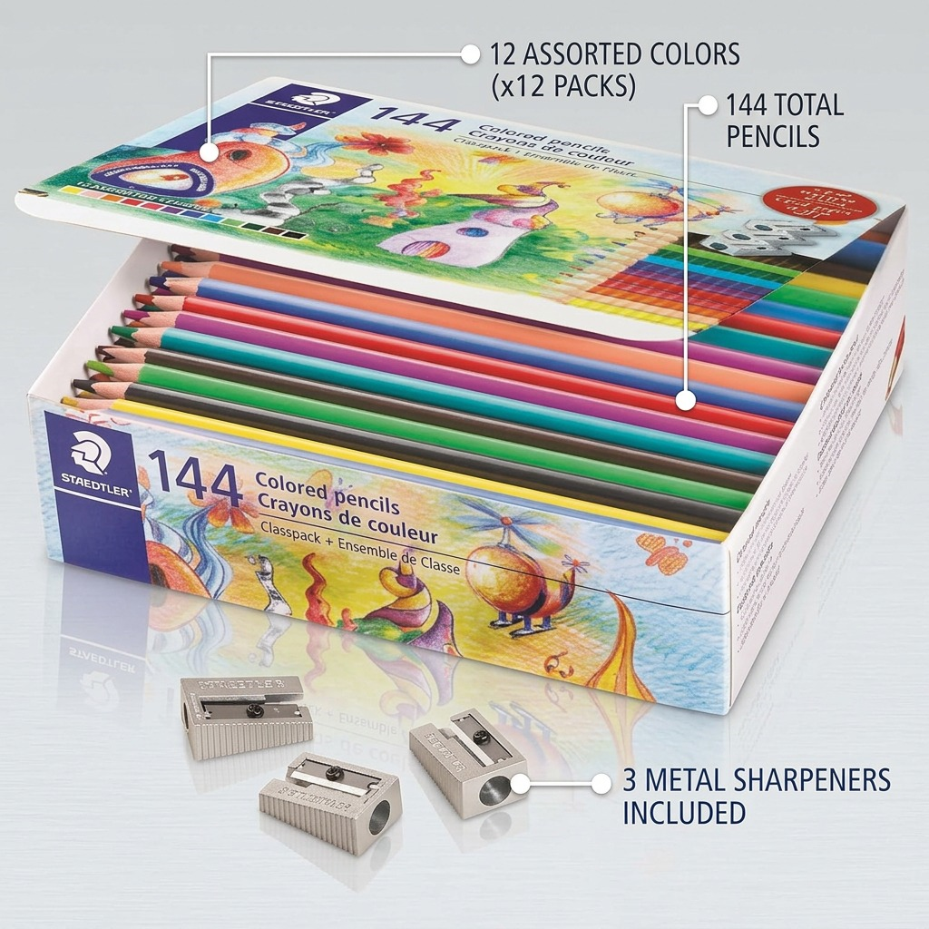 Staedtler Extruded Color Pencil, Class Pack, 144-Pack + 3 Sharpeners (12 Colours X 12-Pack)