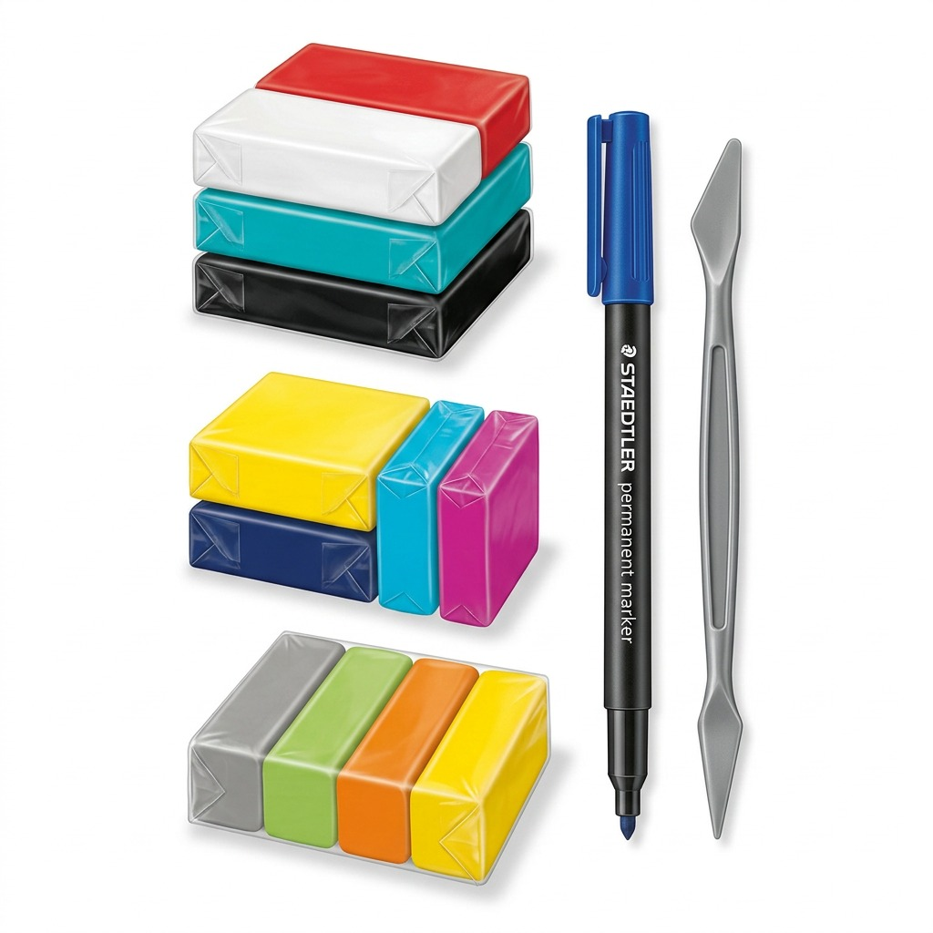 Staedtler Set Modelling Clay Fimo Soft Magical Creatures 12 Color Pack, 1 Permanent Marker, 1 Modelling Tool