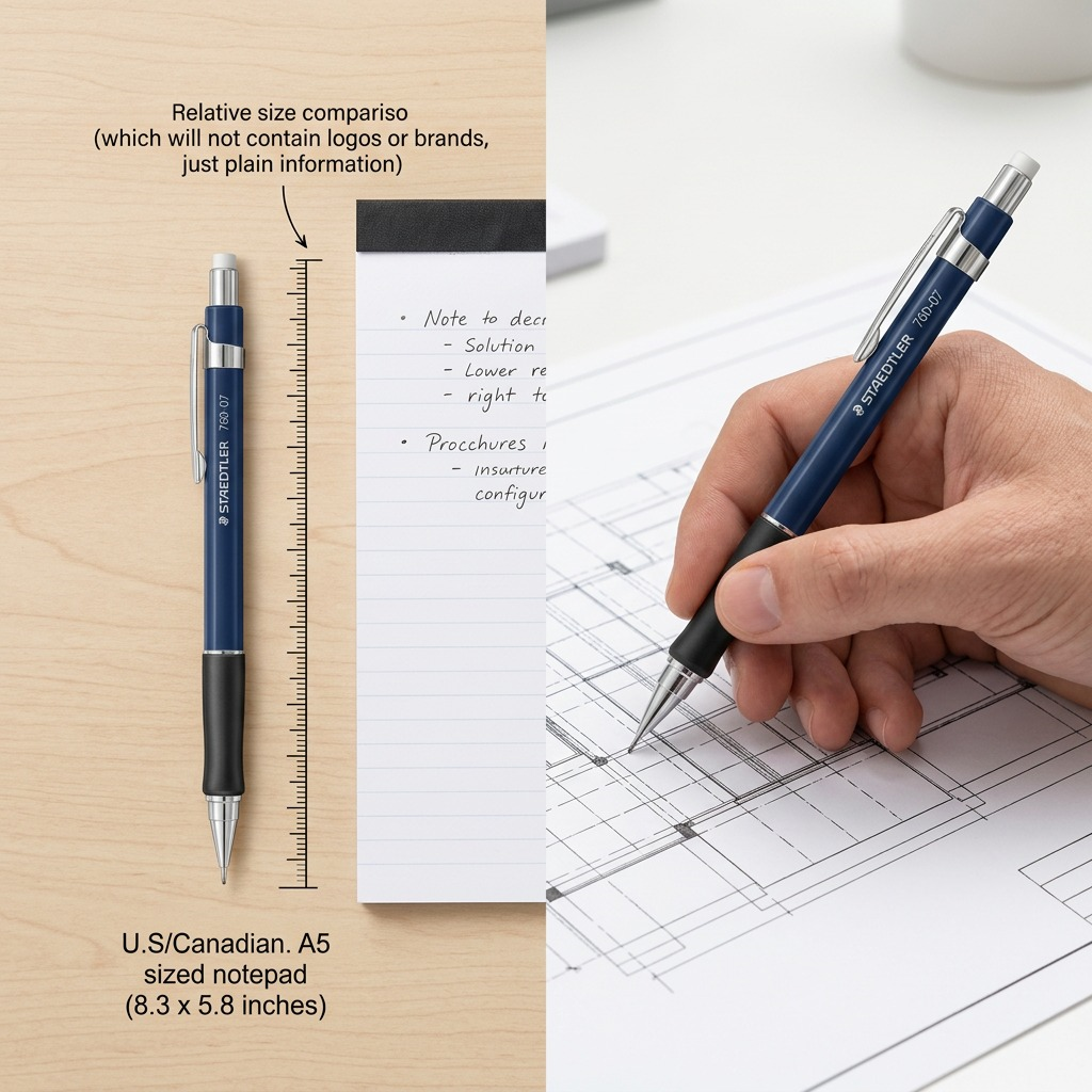 A photorealistic matrix of two images, featuring a STAEDTLER mechanical pencil alongside a standard A5 notepad for size comparison on a desk.