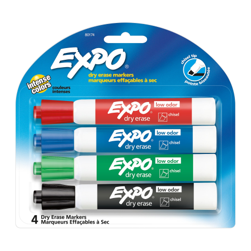 Expo Low Odor Dry Erase Markers - Chisel Tip, Assorted Colors, 4-Pack