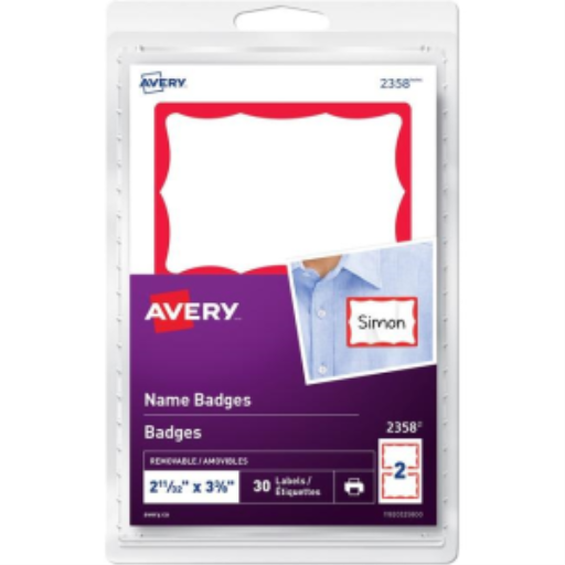 Badges nominatifs Avery à imprimer ou écrire, 2-11/32" x 3 3/8", papier blanc avec bordure rouge, 30/paquet