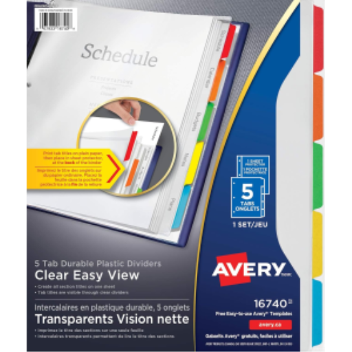 Intercalaires Avery Clear Easy View, 5 onglets, onglets multicolores