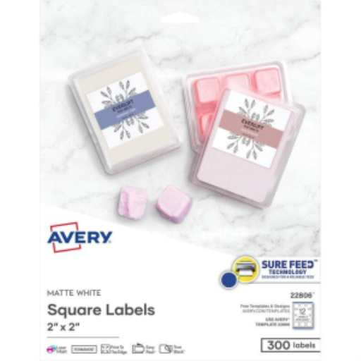 Étiquettes carrées Avery à imprimer jusqu'au bord, 2" x 2", 25 feuilles/enveloppe