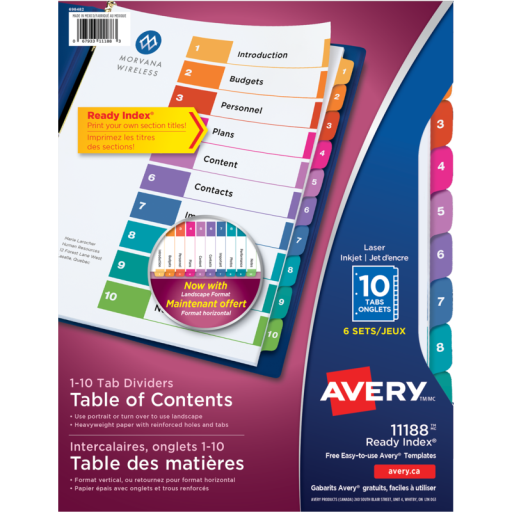 Intercalaires Avery Ready Index Table des matières, 10 onglets, 6 jeux