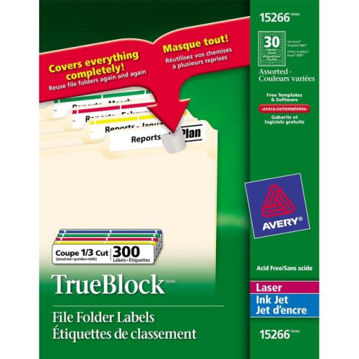 Étiquettes de classement Avery TrueBlock, 3 7/16" x 2/3", permanentes, assorties