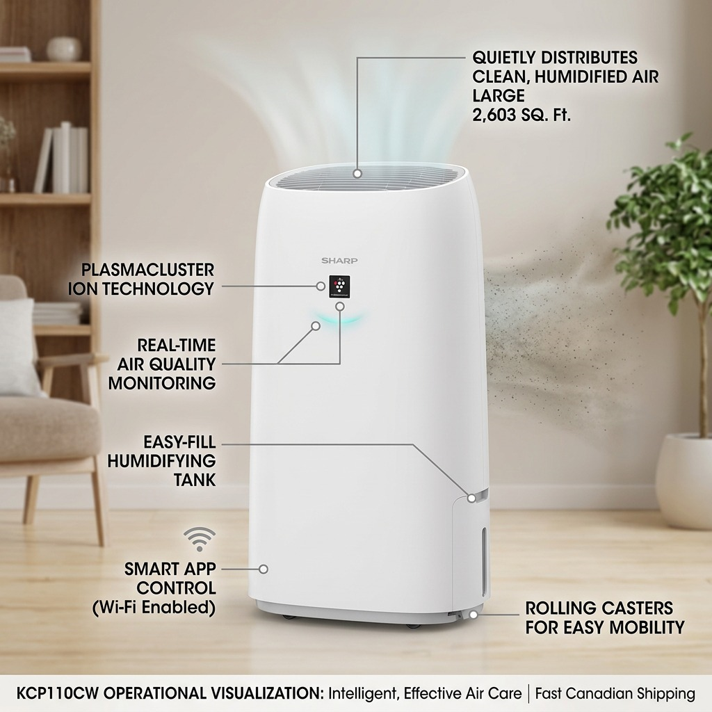 Sharp KCP110CW Smart HEPA Air Purifier and Humidifier with Plasmacluster Ion - Covers 2,603 Sq. Ft.