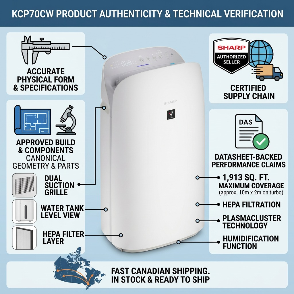 Sharp KCP70CW Plasmacluster Ion Smart HEPA Air Purifier and Humidifier - 1,913 sq. ft. Coverage